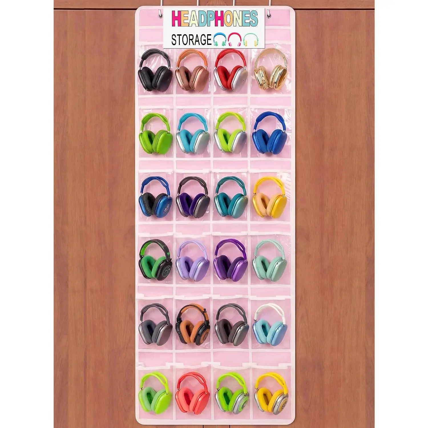 Classroom Headphone Storage Organizer 24 PVC Clear Over The Door  Classroom Headphone Holder Pocket with 4 Hooks for School Library()