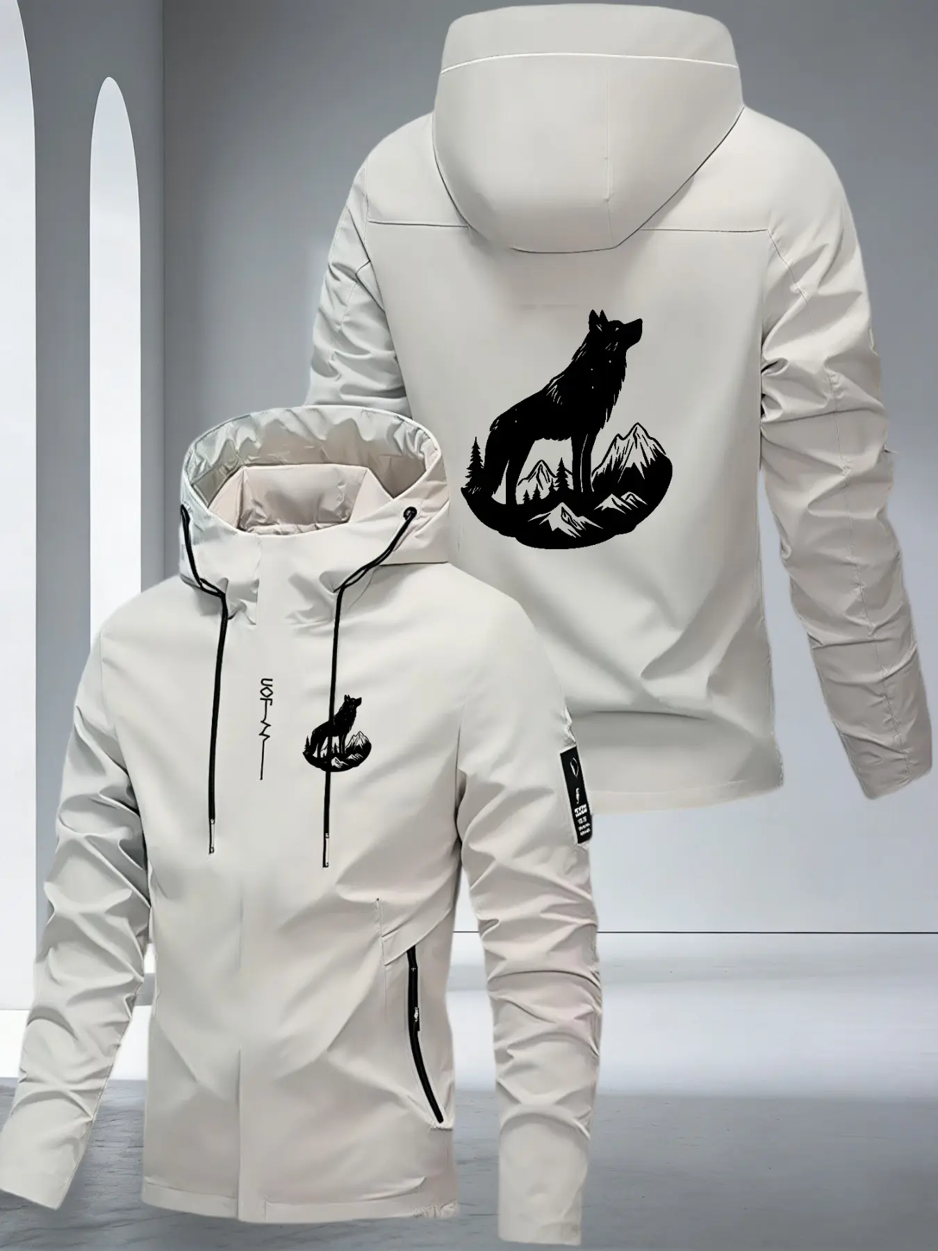 Men's Wolf Pattern Fashion Outdoor Hooded Jacket, Blue Casual Windproof Coat, Cartoon Lover Daily Wear, Fun Theme Clothing