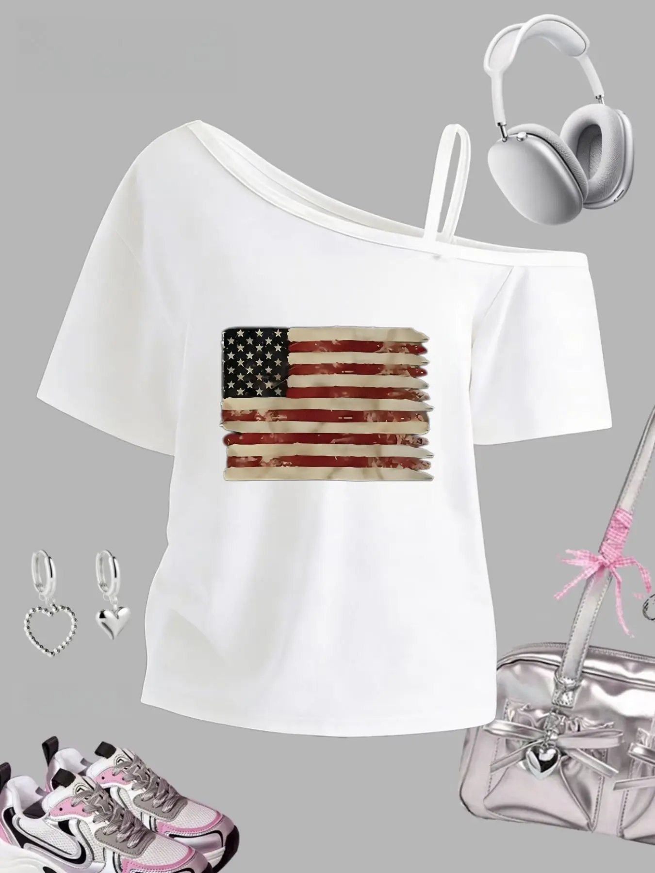 Vintage Star Flag Girl One-Shoulder Strapless Short Sleeve Top, Y2K Style, Casual Fashion, Slim Fit, Perfect Gift for Girls