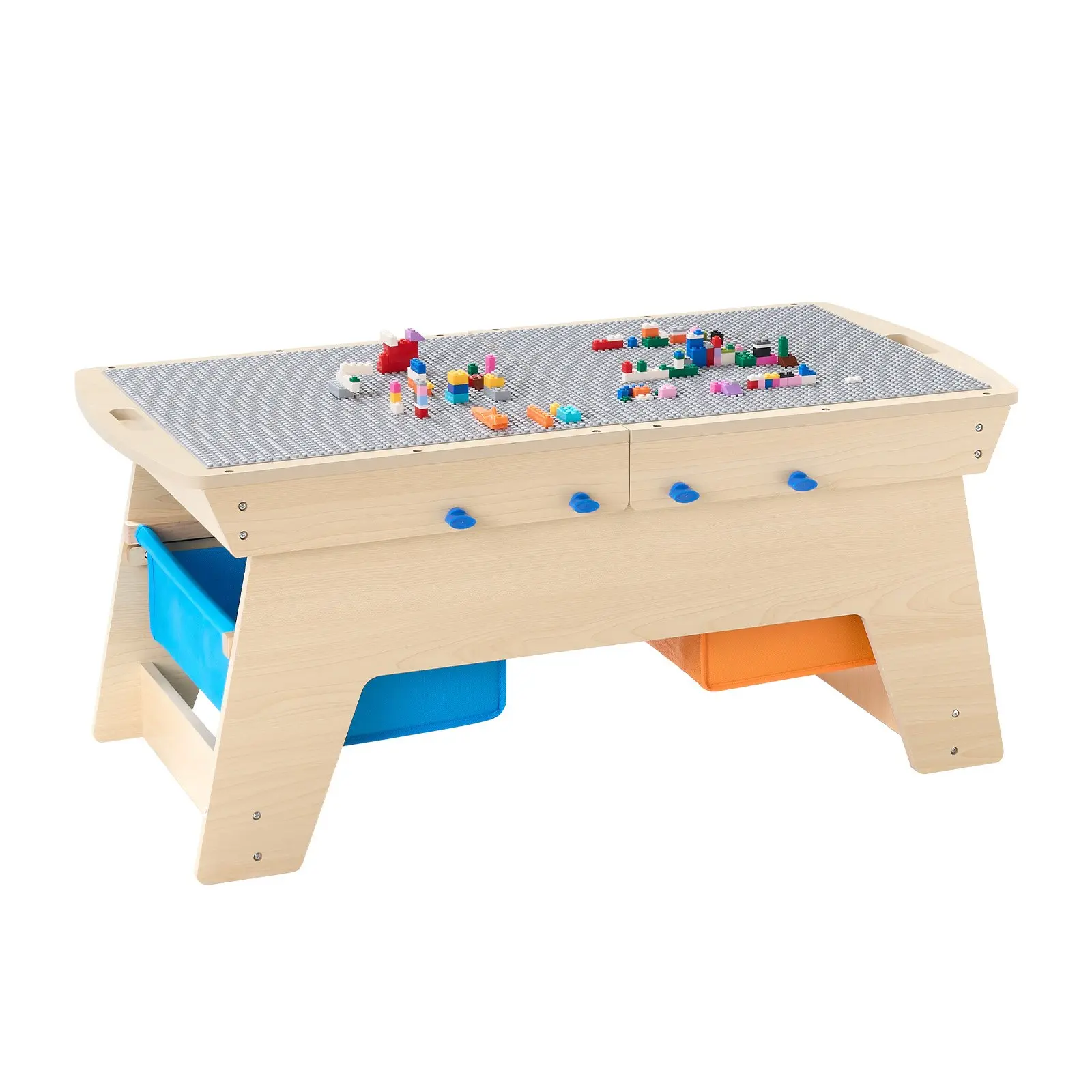 Kids Reversible Wooden Activity Table, Multi-Purpose Activity Play Table with 200 Building Bricks 3 Storage Bins for Kids 3+ Years, Large Storage Space, Present for Boys Girls, Natural