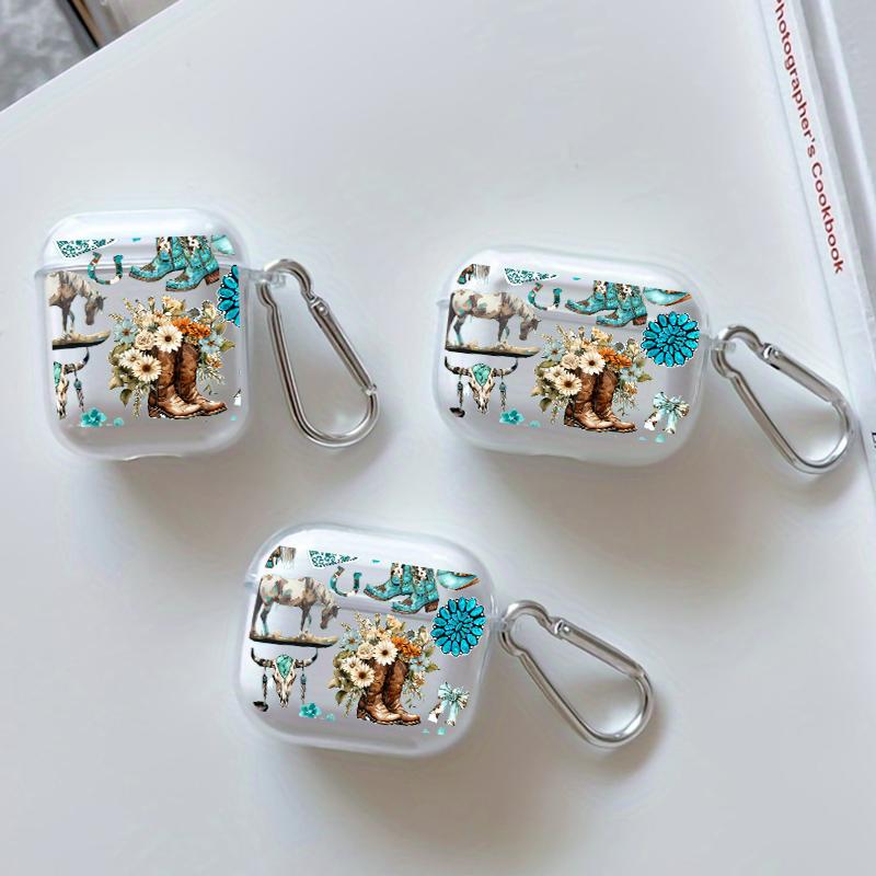 Western Charm Collage Pattern TPU Soft Protective Case for Apple AirPods 4/3/2/1/Pro/Pro2 Transparent Earphone Cover with Keychain Attachment