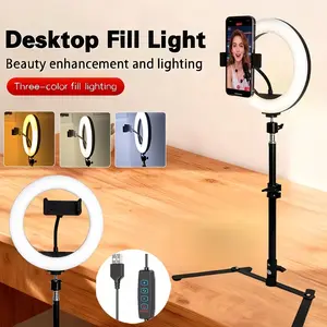 LED Ring Light with Metal Stand Compatible for phones/tablets/cameras, 3-Color Dimmable Light, Stable Base, Low Voltage, for YouTube Streaming, Vlogging, Product Photography Lamp