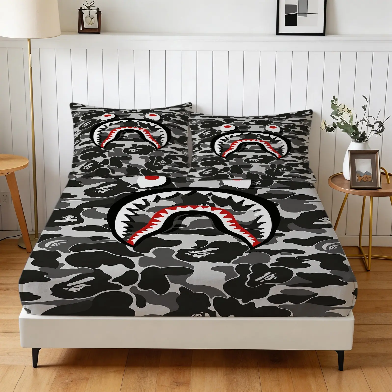 Black Grey Camo Shark Print Fitted Sheet Set, Streetwear Digital Print Bedding, Printed Bedding Set, Elastic Wrap‑Around Design, Soft Breathable & Machine Washable, For Trendy Youth Bedroom Home, Stylish Personalized Bed Decor