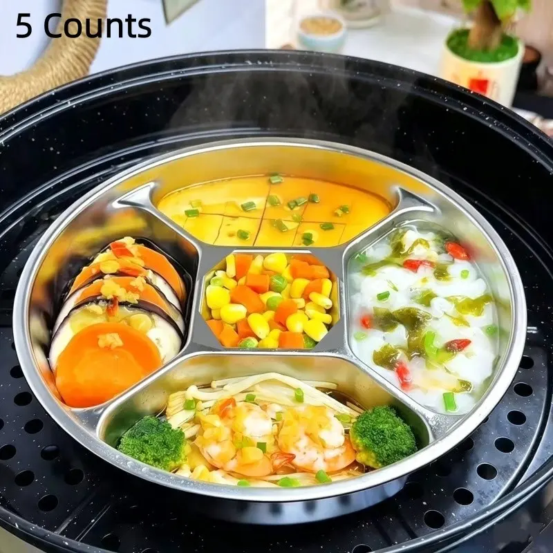 5 Compartments Stainless Steel Kids Plates Set of 5 | 8.8'' Round Metal Toddler Plates with Dividers, Reusable Divided Plates for Adults, Non Toxic, Unbreakable, Dishwasher Safe Kitchen Plates