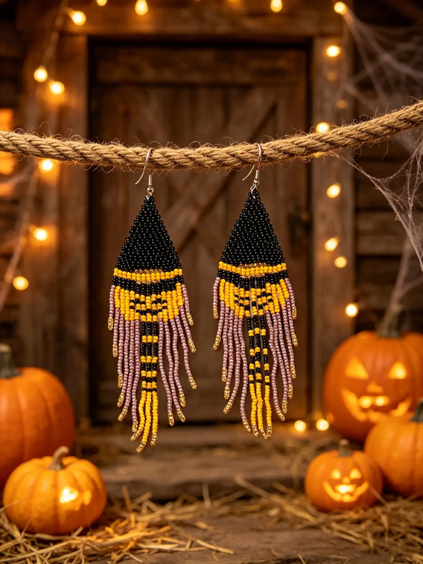 Native American Tribal Long Seed Bead Fringe Earrings, Mauve Handmade Beaded Drop Earrings, Boho Western Cowgirl Jewelry for Women