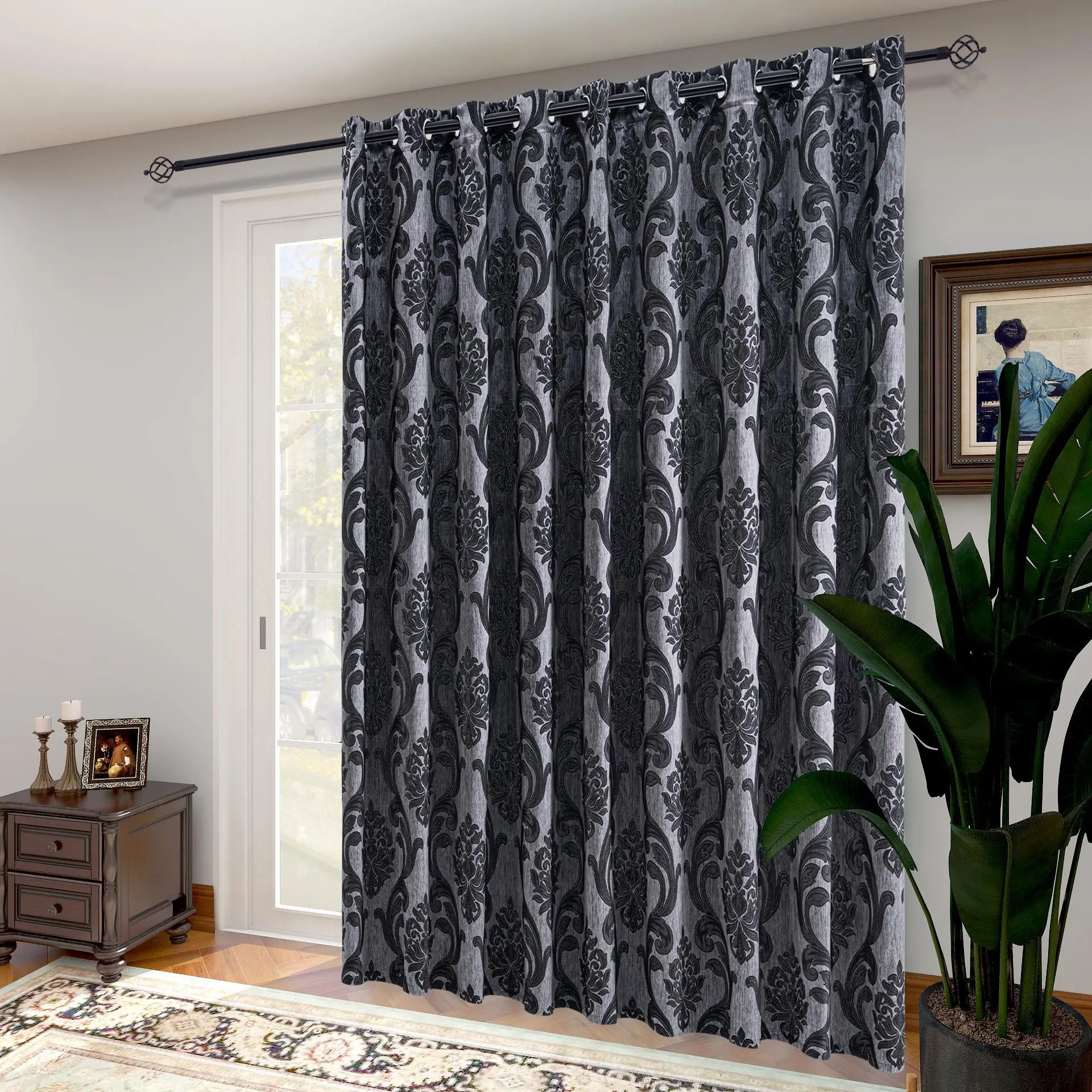 Set of 2 Modern Grommet Top European Damask Jacquard Semi-Blackout Curtains - Grey & Brown Vintage Floral, for Living Room, Bedroom Home Decor