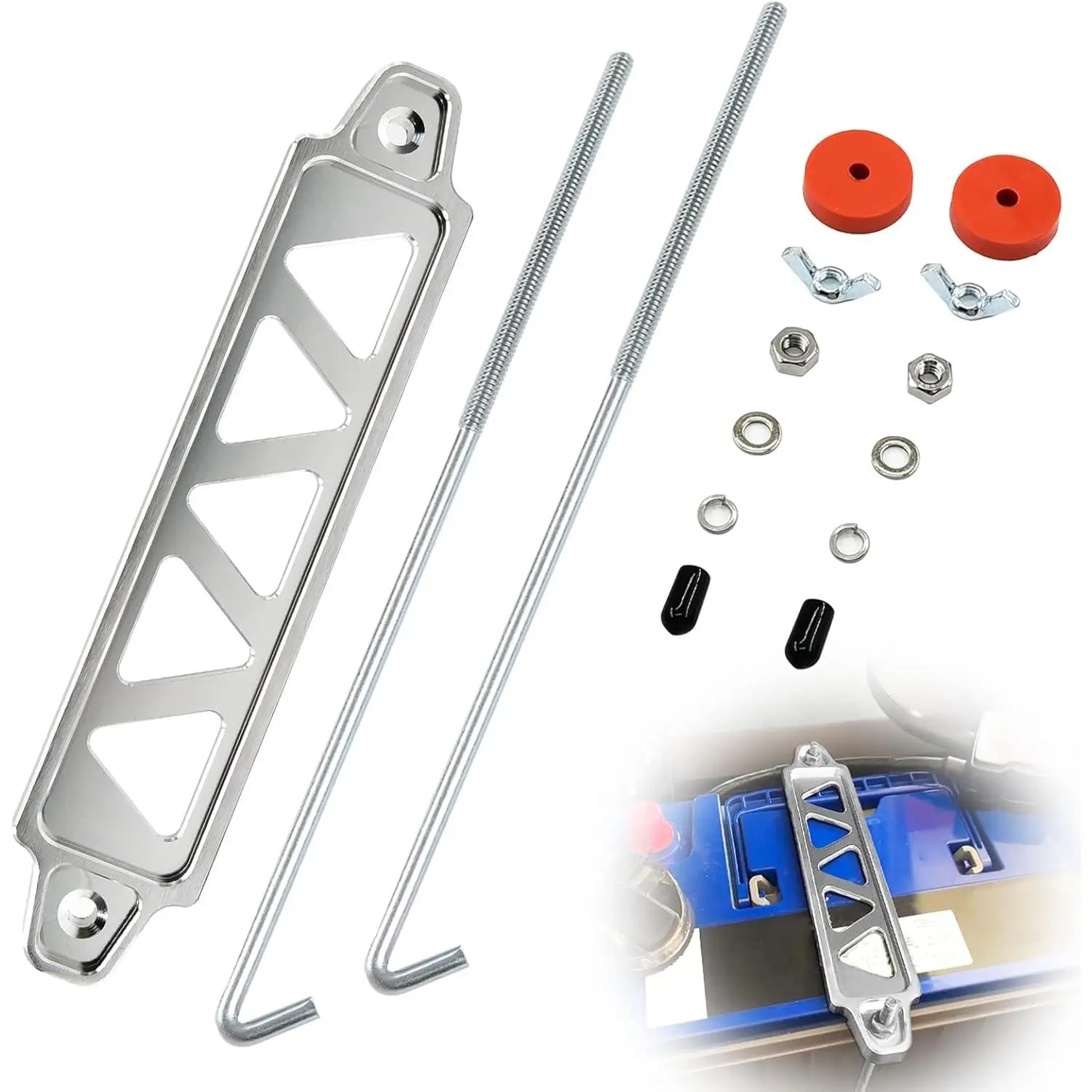 Battery Hold Down Bracket, Aluminum Alloy Battery Tie Down Bracket, Battery Tray for Car Battery Mount Bracket Hold Lock Accessories, Car Battery Lock Down - with 10 inches J bolts (Silver)