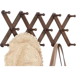 Accordion Wall Hanger Hat Rack for Wall with 14 Coat Hooks Expandable Hat Hangers Organizer Vintage Decorative Coat Rack Wall Mount for Purse Mug (Brown)