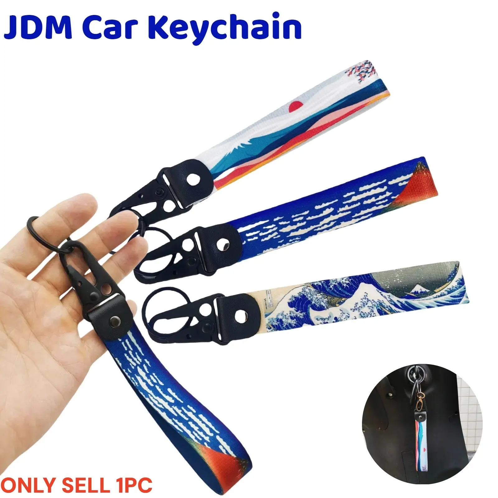 1 pc JDM Style Keyring Car Keychain with Wrist Lanyard & Backpack Accessory Adorned with Waves & Mount Fuji Designs - Perfect for Motorcycle & Auto Enthusiasts, Men & Women, Modified Culture & Ideal for Car Lovers.