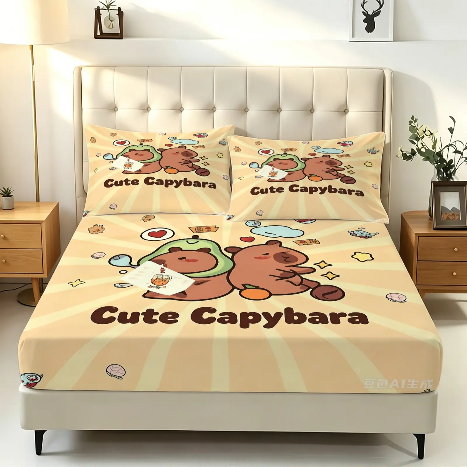 3-Piece Cute Capybara Print Fitted Sheet Set, No Fillers Bedding Set, Soft Microfiber Bed Sheet Set, Comfy Bedding Set, Cartoon Animal Pattern Deep Pocket Bed Cover, Bed Linens, Perfect Gift for Cartoon Enthusiasts