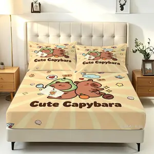 3-Piece Cute Capybara Print Fitted Sheet Set, No Fillers Bedding Set, Soft Microfiber Bed Sheet Set, Cartoon Animal Pattern Deep Pocket Bed Cover, Perfect Gift for Cartoon Enthusiasts