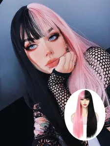 26-inch black and pink color-block wig; women's straight wig with center part and bangs; made of heat-resistant synthetic fiber; suitable for Halloween, Christmas, New Year's, parties, music festivals, cosplay, and more.