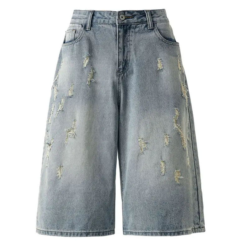 Street Skate Hip Hop Style Five Pocket Mid Calf Denim Shorts Allover Scattered Distressed Rip Detail Single Button Fly Classic Interior Stitching Seam Unisex Daily Matching Jean Culottes # jean shorts men # men's shorts summer