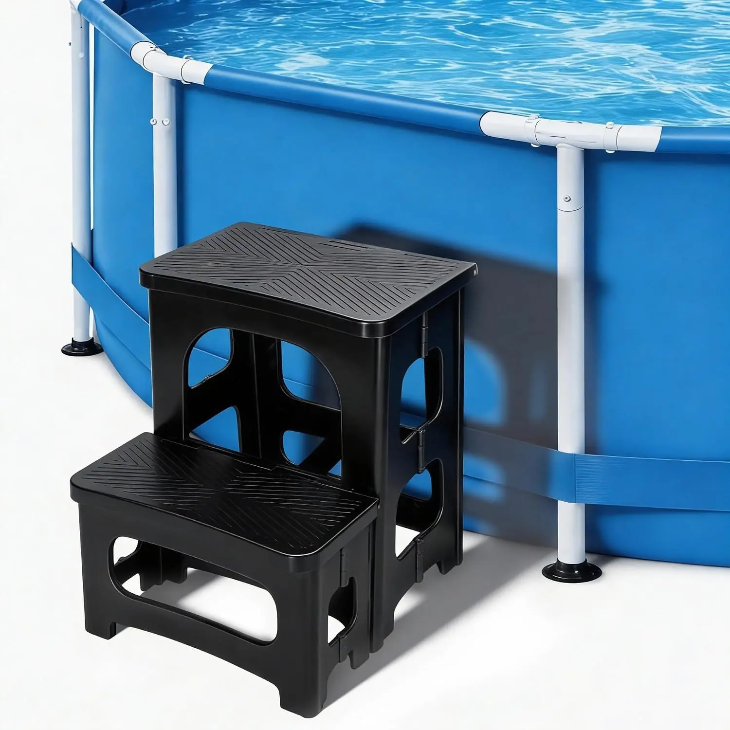 Black Foldable 2-Step Spa Hot Tub Stool, Non-Slip Universal Pool Ladder for Outdoor & Indoor Deck Patio Furniture Accessories, Two Steps