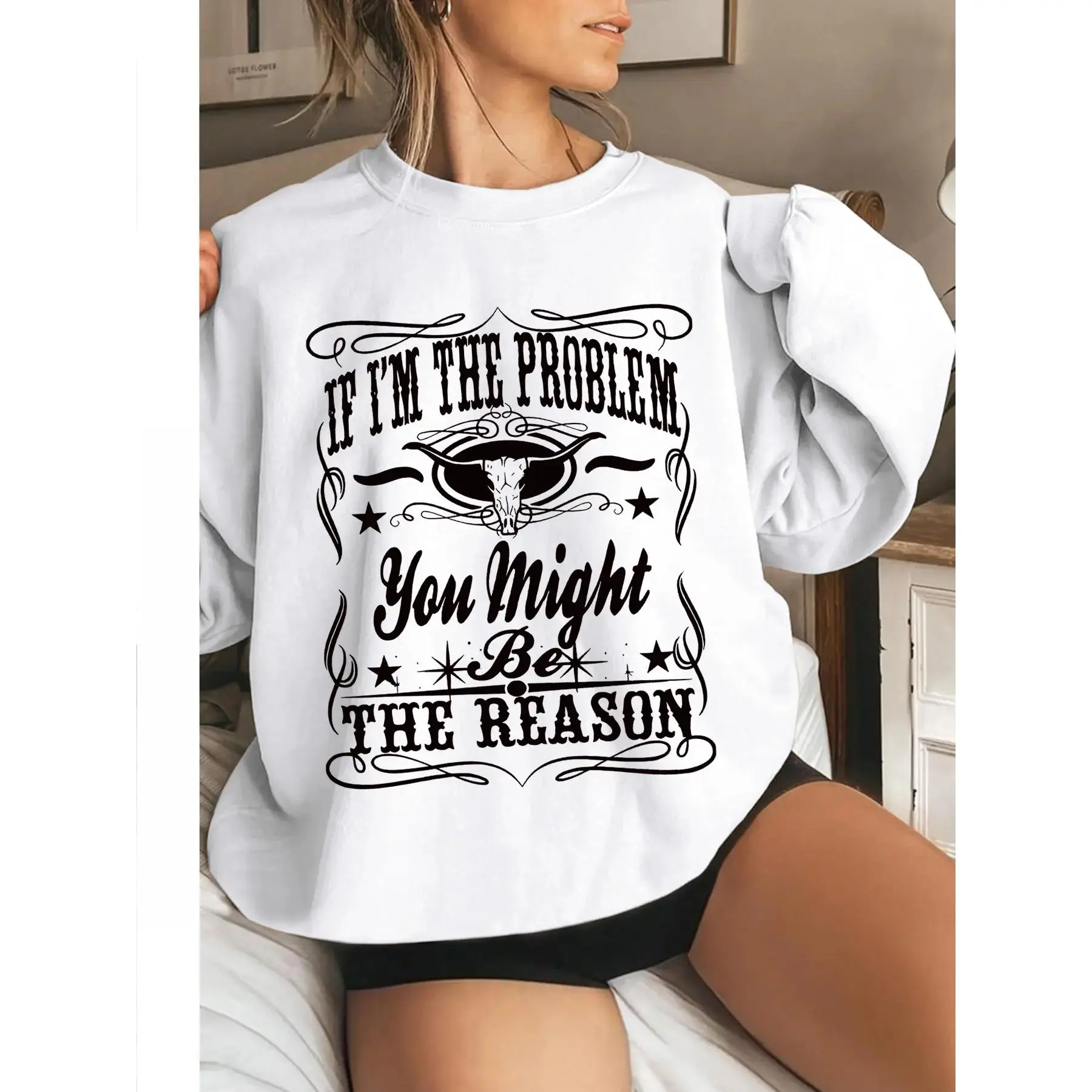 Women's Loose-Fitting Casual Crewneck Sweatshirt with Bull Letter Print, Thick Long Sleeve Pullover for Fall & Winter, Everyday Women's Wear