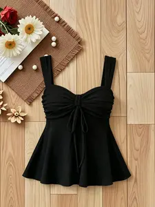 Summer Sexy Hollow Out Wide Shoulder Straps, Chest Drawstring Waist Cinch A-Line Tank Top, Textured Breathable Pure Desire Short Sleeve Shirt