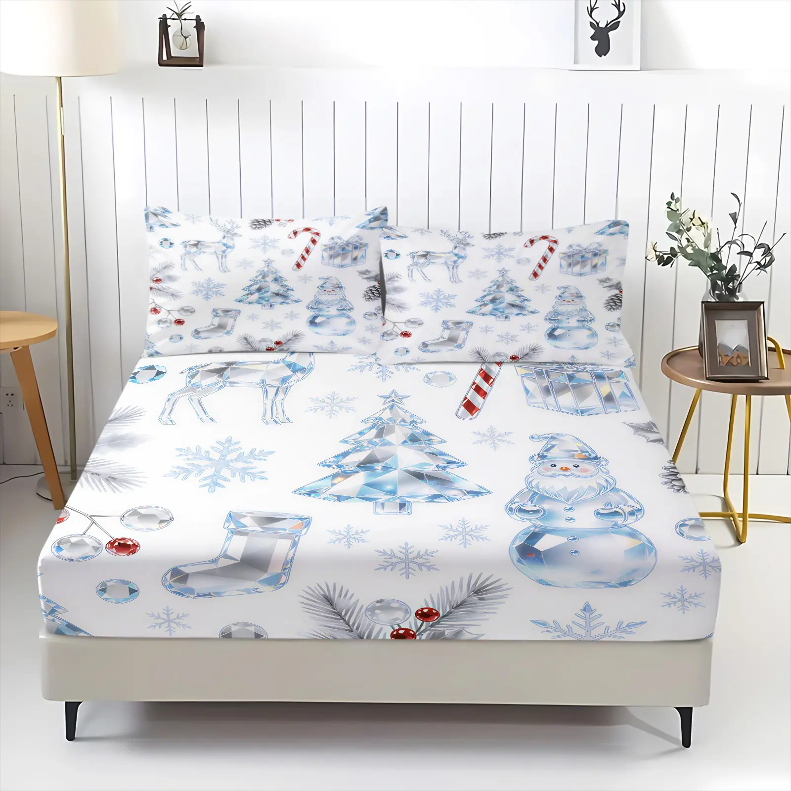 3Pcs Vintage Art Creative Christmas Themed Illustration Print Fitted Sheet Set, Machine Washable Skin-Friendly Fabric, Mattress Protection Design, for Home Bedroom Decor, All-Season Bedroom Styling (Pillowcases Not Included)