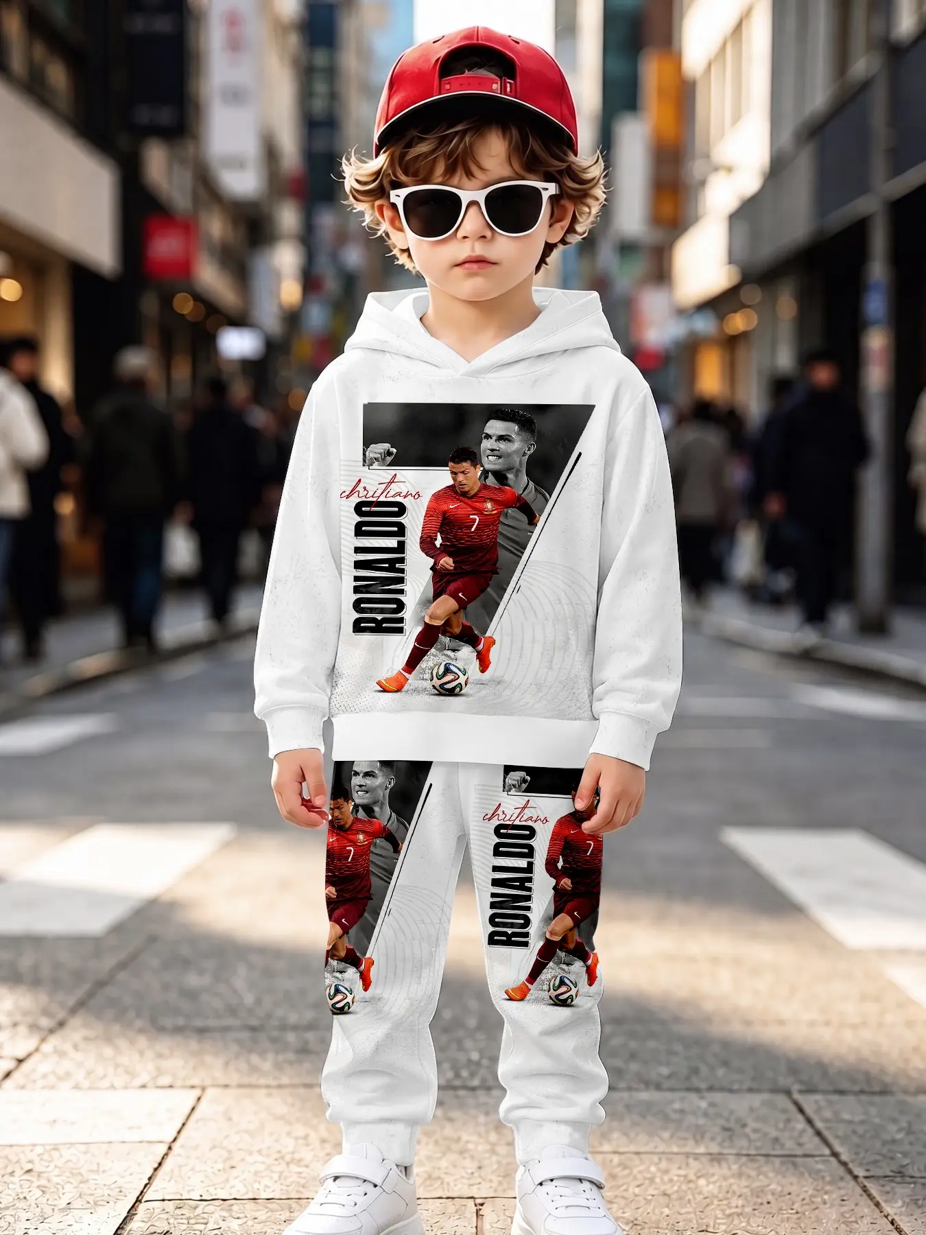 Light C Ronaldo Field Patch Poster Kids Hoodie Knit Set, Casual Long Sleeve Suit, Natural Waist Sweapants, Fall & Winter Fashion
