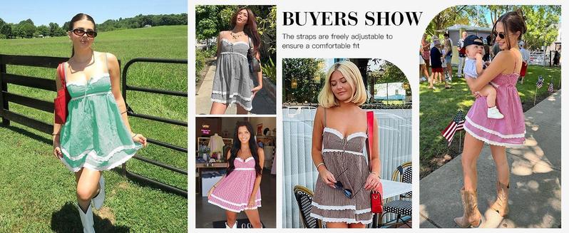 Imily Bela  Womens Cute Plaid A-line Summer Beach Dresses Spaghetti Straps Ruffle Hem Casual Mini Dress with Side Pocket