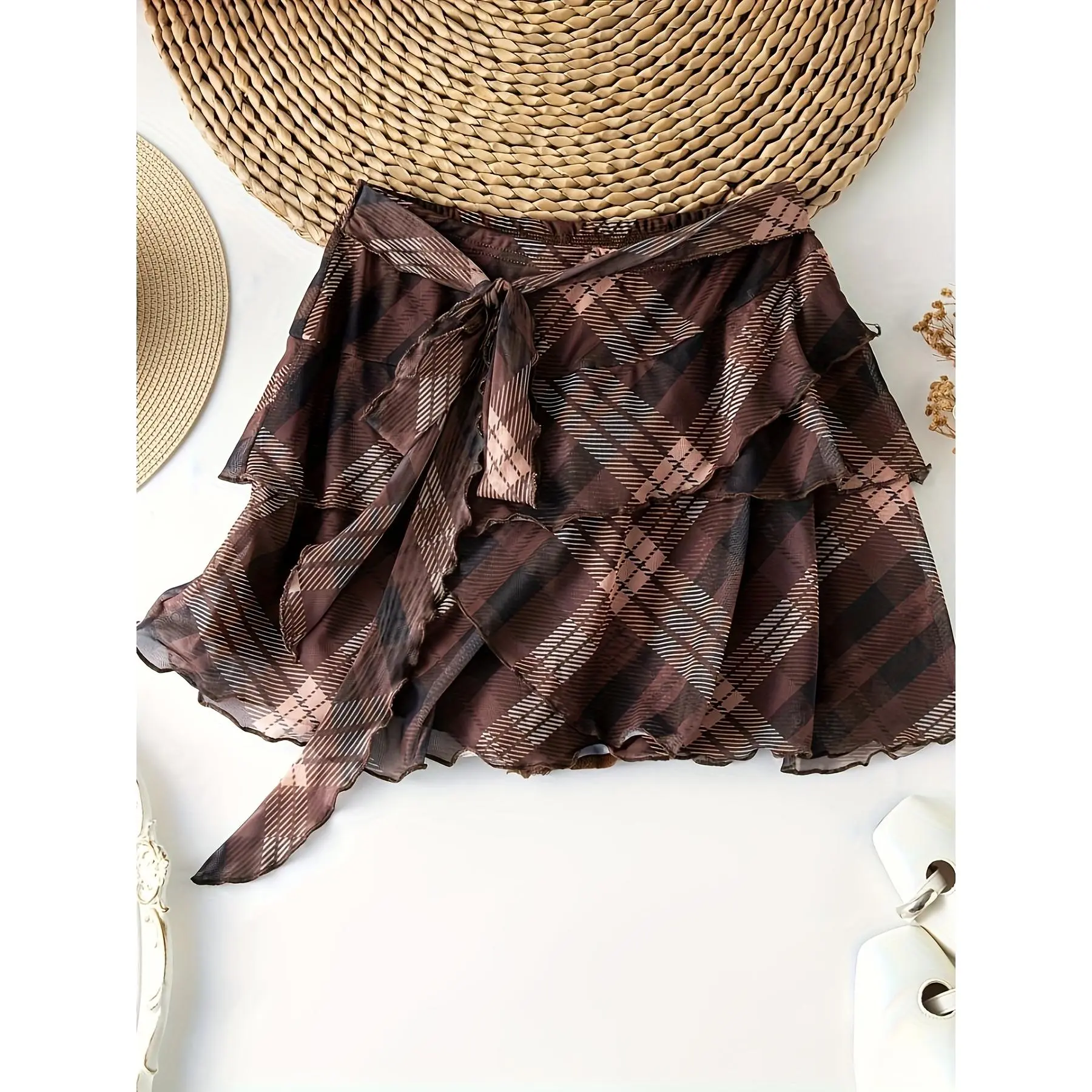 [Mesh Skirt with Tie-up] Romantic Playful Brown Checkered Mesh Skirt| Layered Ruffle Hem Tie-up Design| Summer Vibe