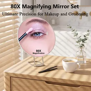 80x Bathroom Magnifying Glass Set, 6 Inch Suction Cup, 360° Adjustable Handle with Stand and Tweezers, Portable Travel Kit for Makeup and Skincare