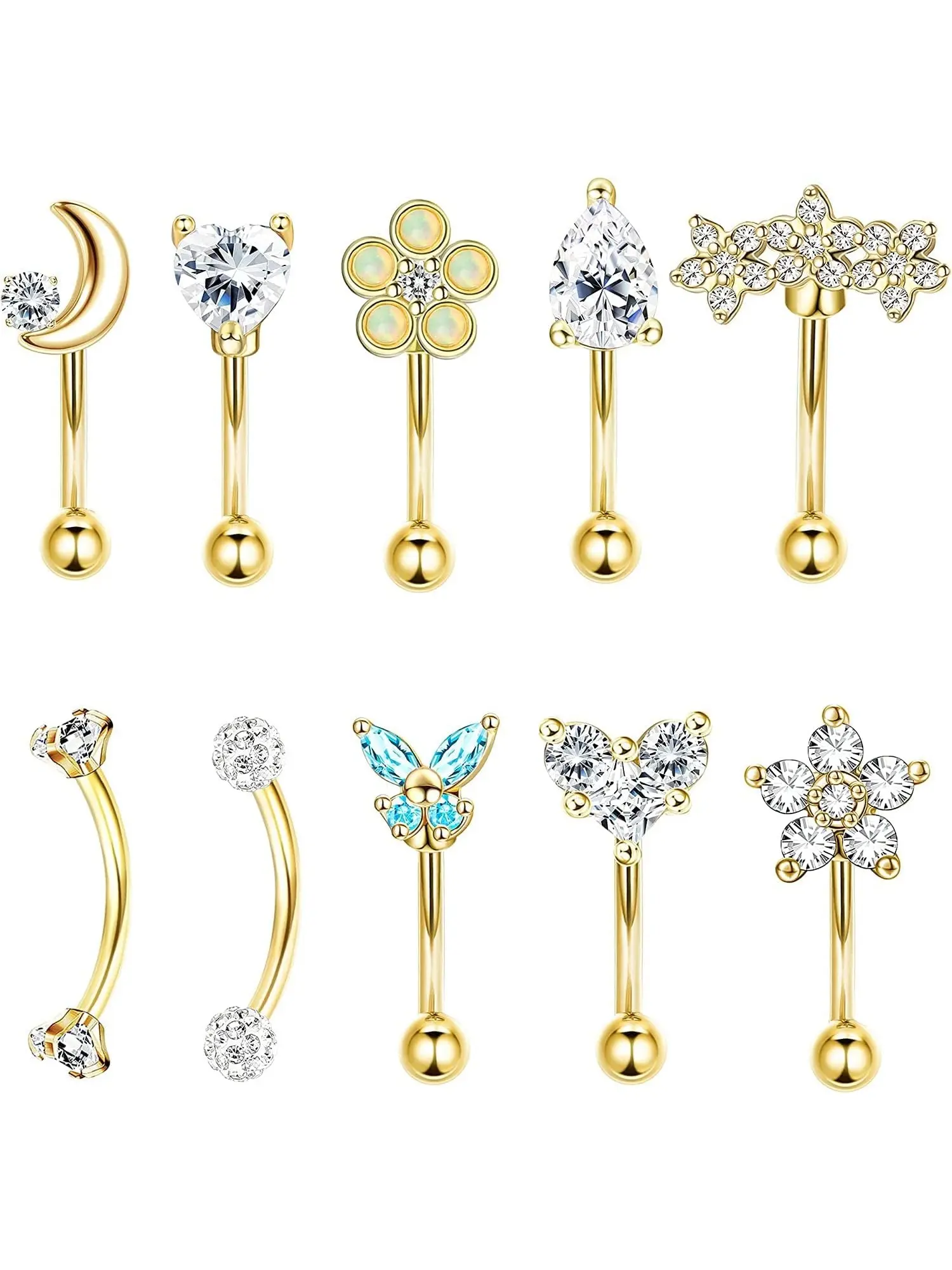 10Pcs 16G Surgical Steel Multi Body Piercing Jewelry Set for Women, CZ Opal Turquoise Rook Daith Tragus Lip Eyebrow Rings for Surface Cartilage