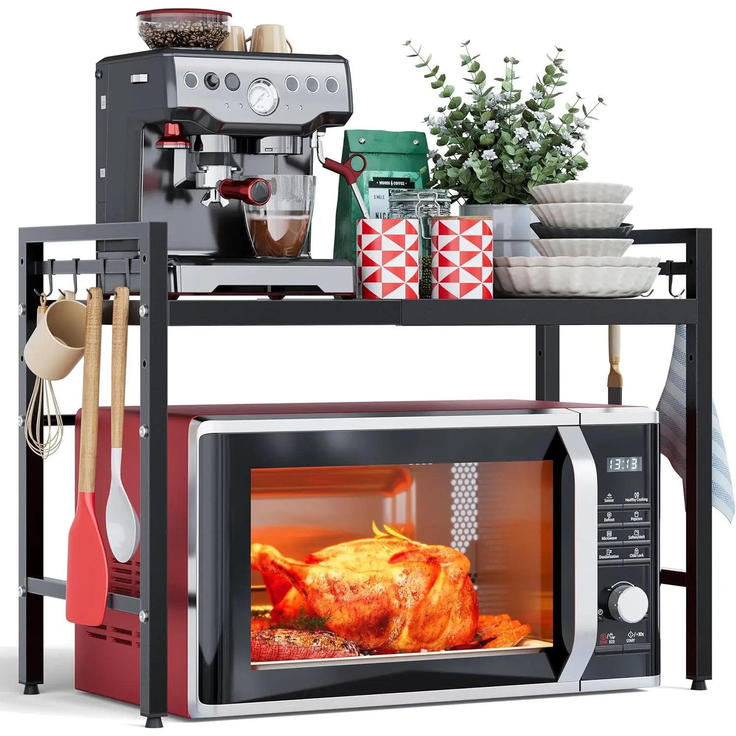 2 Tier Expandable Microwave Stand countertop,Microwave Oven Rack | microwave shelf, storage shelves for pans &appliances,Adjustable partition height,8 Hooks,55lbs max load,Black