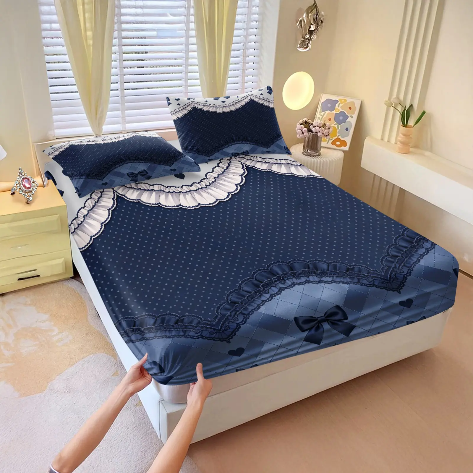 3Pcs Lolita Style Bow Lace Fitted Sheet Set, Multi-layer Ruffle Polka Dot Argyle Spliced Print, Elastic Durable Microfiber Fabric, Deep Pocket Design to Prevent Shifting, Unique Sweet Aesthetic Home Bedding
