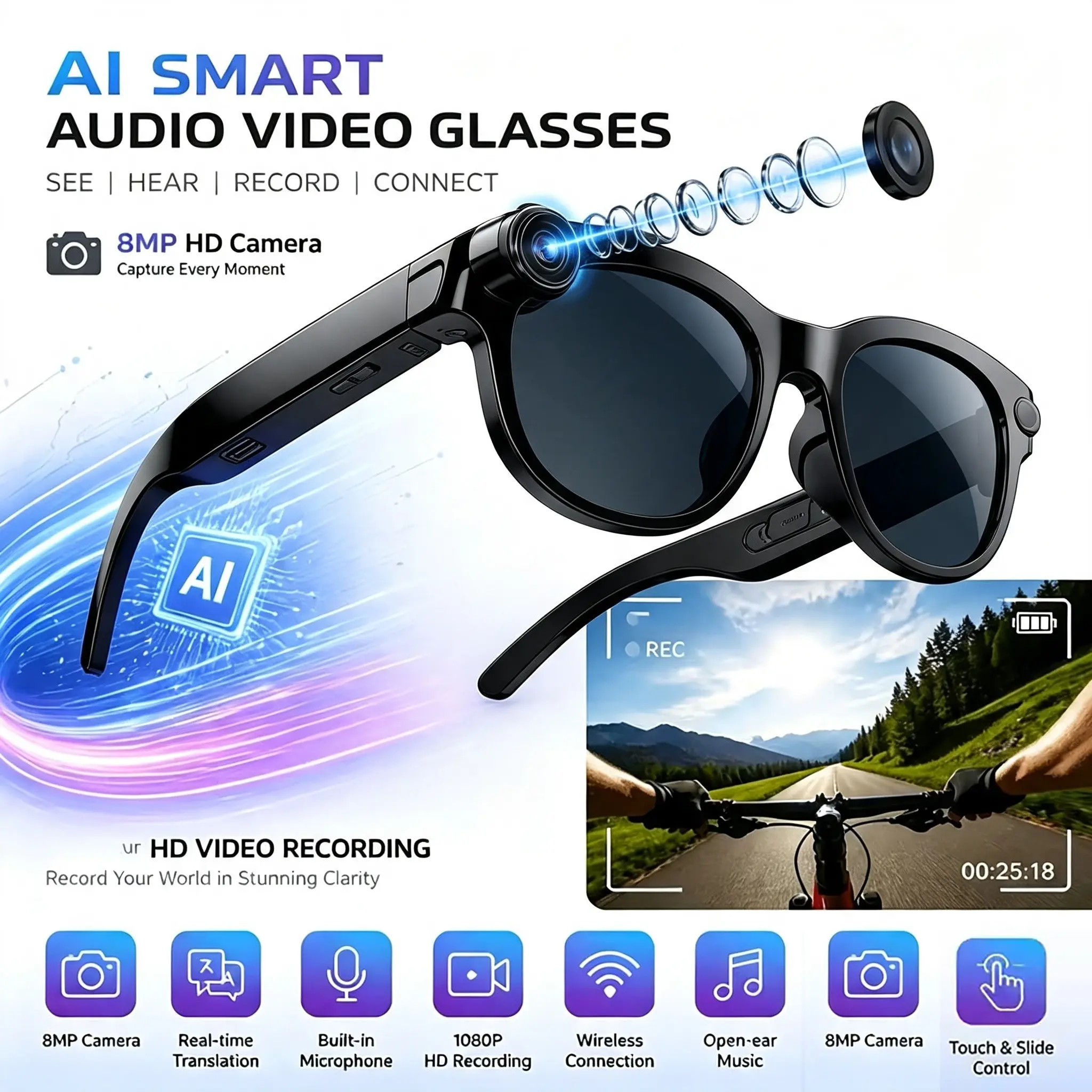 800W Camera AI Glasses Color-Changing Smart Translation Glasses Photo Video Recording Waterproof Call Smart Sunglasses