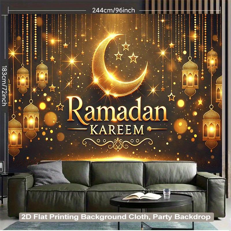 1PC,2D Flat Ramadan Kareem Party Backdrop, Golden Moon Star Lantern Pattern Background Cloth, Eid Festival Decoration Backdrop, Indoor Outdoor Event Scene Setting Banner, Islamic Ramadan Theme Party