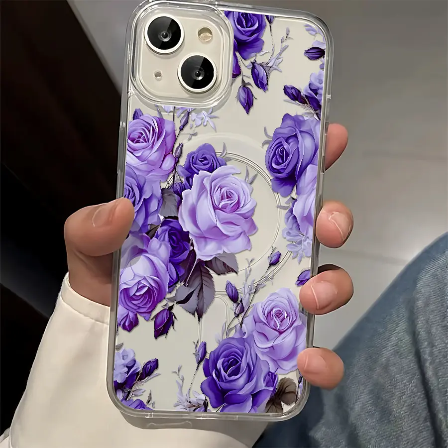 Phone Case - 1pc Purple Rose Floral Phone Case Suitable for iPhone 17 E Air Pro ProMax iPhone16 15 14 Plus 13 12 11 X XS XR, Transparent Mobile Phone Magnetic Case, Light Luxury Style, Elegant Fashion