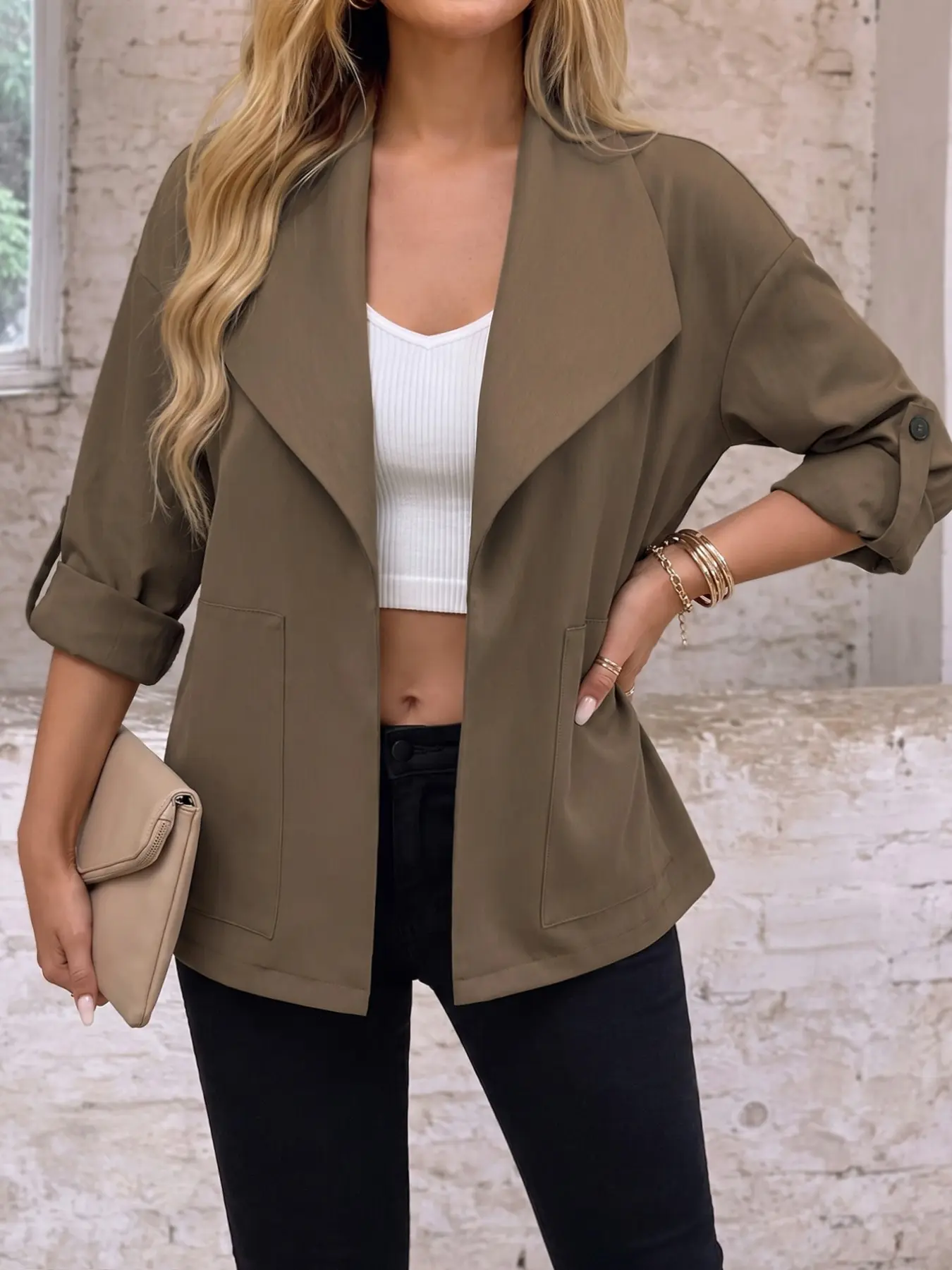 Plus Size Women’s Casual Open Front Blazer Jacket, Loose Fit Draped Lapel Outerwear with Roll Tab Sleeves for Office Work, Everyday Wear, Travel and Fall Fashion