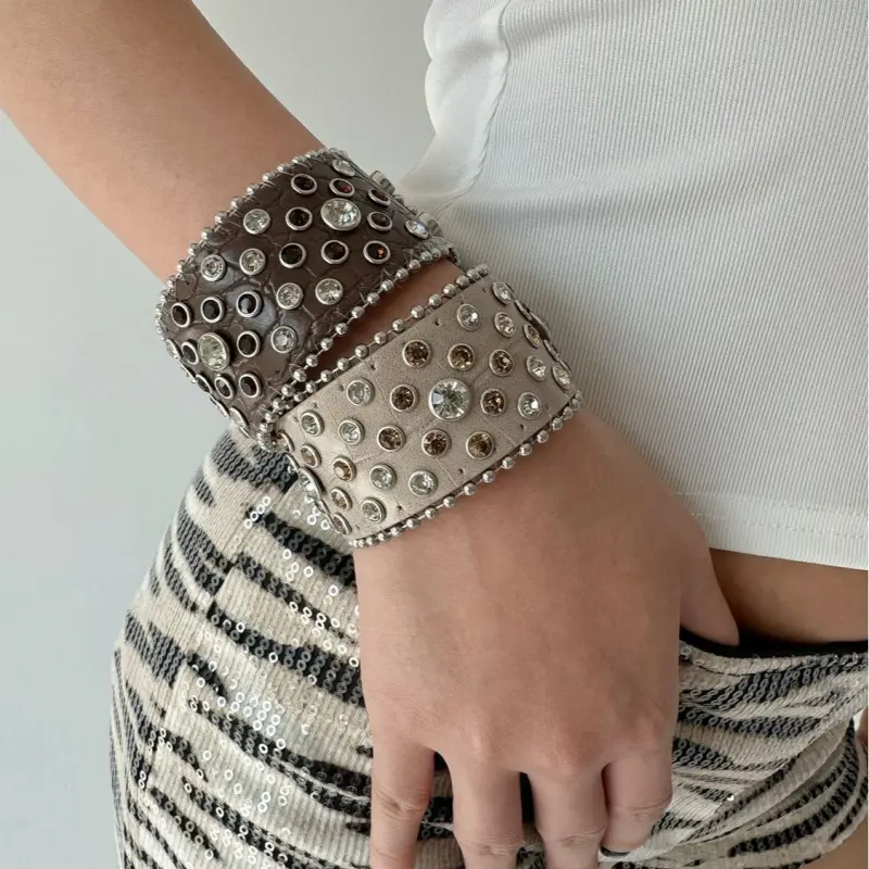 Y2K Hip Hop Statement Extra Wide Rhinestone Leather Bangle Bracelet Retro Cowboy Wasteland Biker Punk Cuff Handmade Heavy Duty Snap Closure Wrist Jewelry Unisex