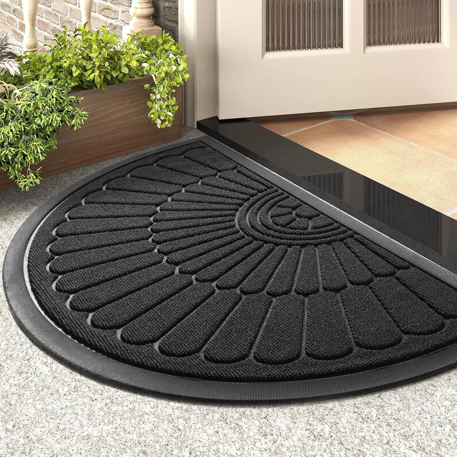 Door Mat Outdoor Indoor Entrance Doormat-Semicircular Durable Rubber Non Slip Front Door Mat for Outside Inside Entry Entryway Dirt Trapper WelcomeMat for Muddy Paws and Shoes-Black 17”x30”