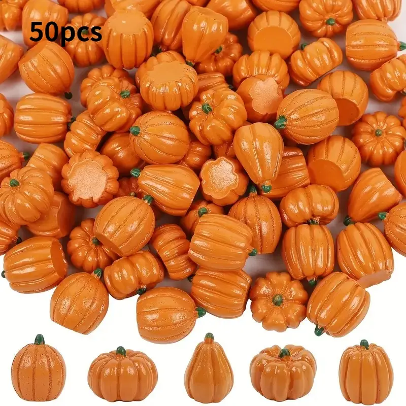 50Pcs Hot Sale Artificial Resin Pumpkins, Orange & Green Garden Ornaments for Halloween, Harvest Party & Autumn Decor