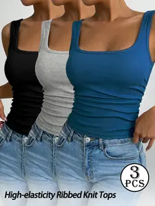 3-Pack High Elasticity Ribbed Knit Tank Tops, Basic, Sexy U-Back Striped Design, Breathable Slim Fit for All Seasons, Casual Inner & Outer Wear
