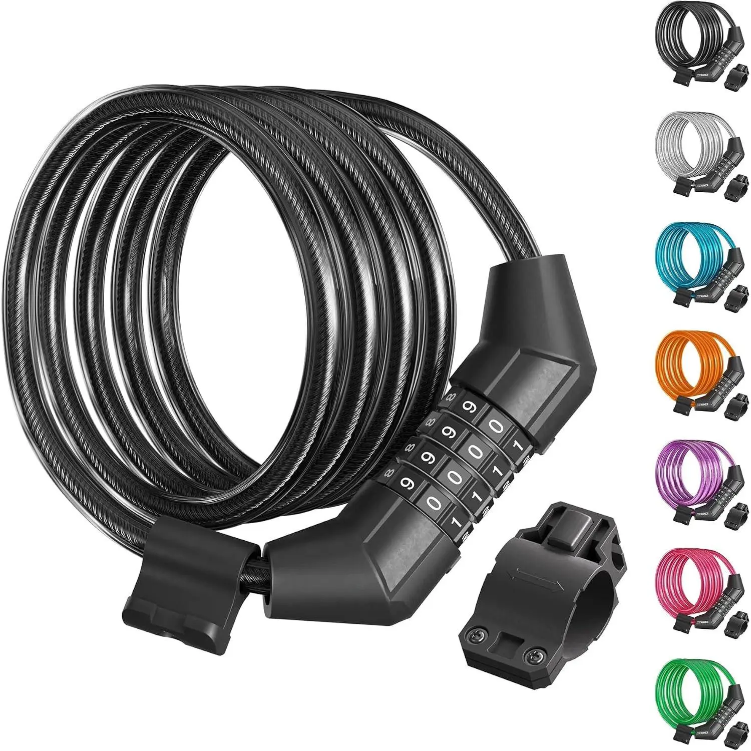 Lock , 4    Lock  Self Coiling   Lock Combination with Complimentary Mounting Bracket, 5/16 Inch Diameter (4FT, Black-8mm)