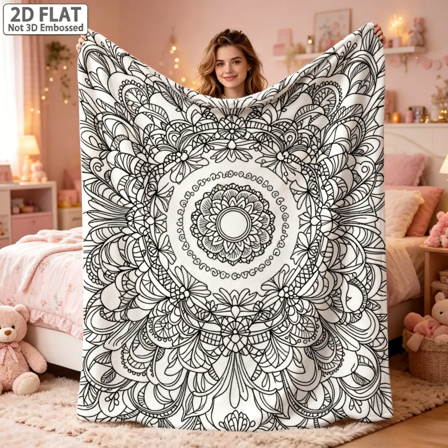 Black White Mandala Line Art Flannel Throw Blanket, 2D Flat Single Sided Print Adult Coloring Page Blanket for Nap Camping Travel Sofa Bed, Machine Washable All Season Decor Blanket, Perfect Birthday Christmas Housewarming Gift for Mandala Art Lovers