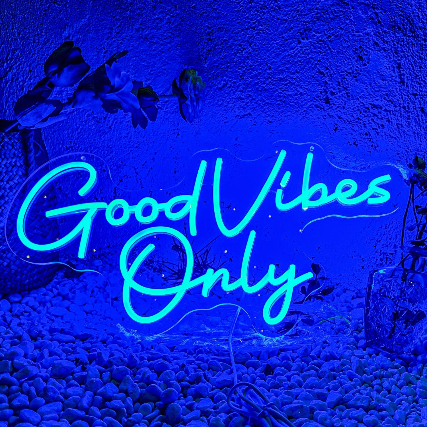 Good Vibes Only Neon Sign, USB Powered Dimmable Ice Blue Cyan LED Neon Light, Aesthetic Positive Quote Wall Decor for Bedroom Gaming Room Man Cave Home Bar, Motivational Gift for Her Teens Gamers