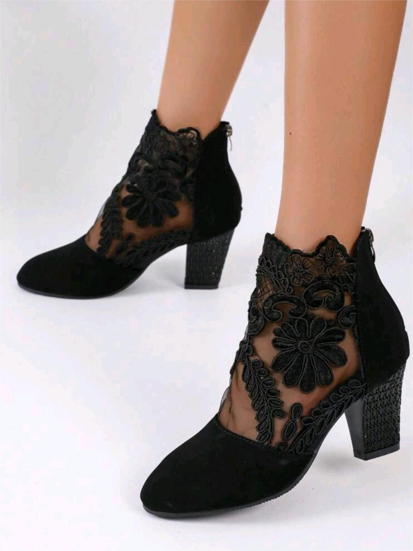 YYW1 Women's Fashion Flower Embroidered Design Contrast Lace Ankle Boots, 1 Pair Elegant Pointy Toe Heeled Boots Daily Wear, All-match Boots Women & Girls, heels, Pointy Toe Boots, Embroidery Ankle Boot