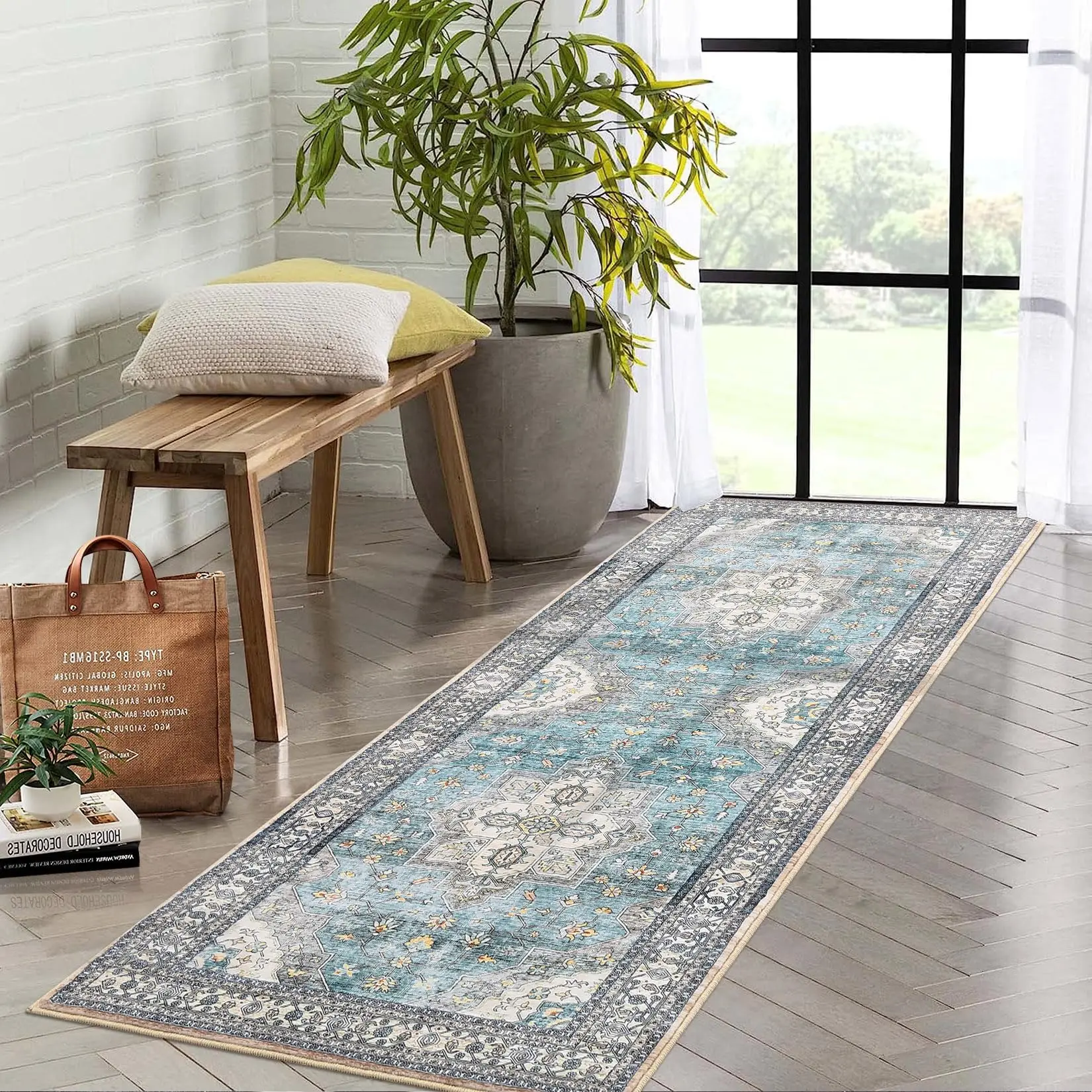 GARVEEWashable 10x13 Large Area Rug - Braided, Printed, Non-Slip, Low Pile, Non-Shedding Accent Rug for Living Room and Bedroom, Foldable Thin Teal Carpet with Aesthetic Minimalist Design