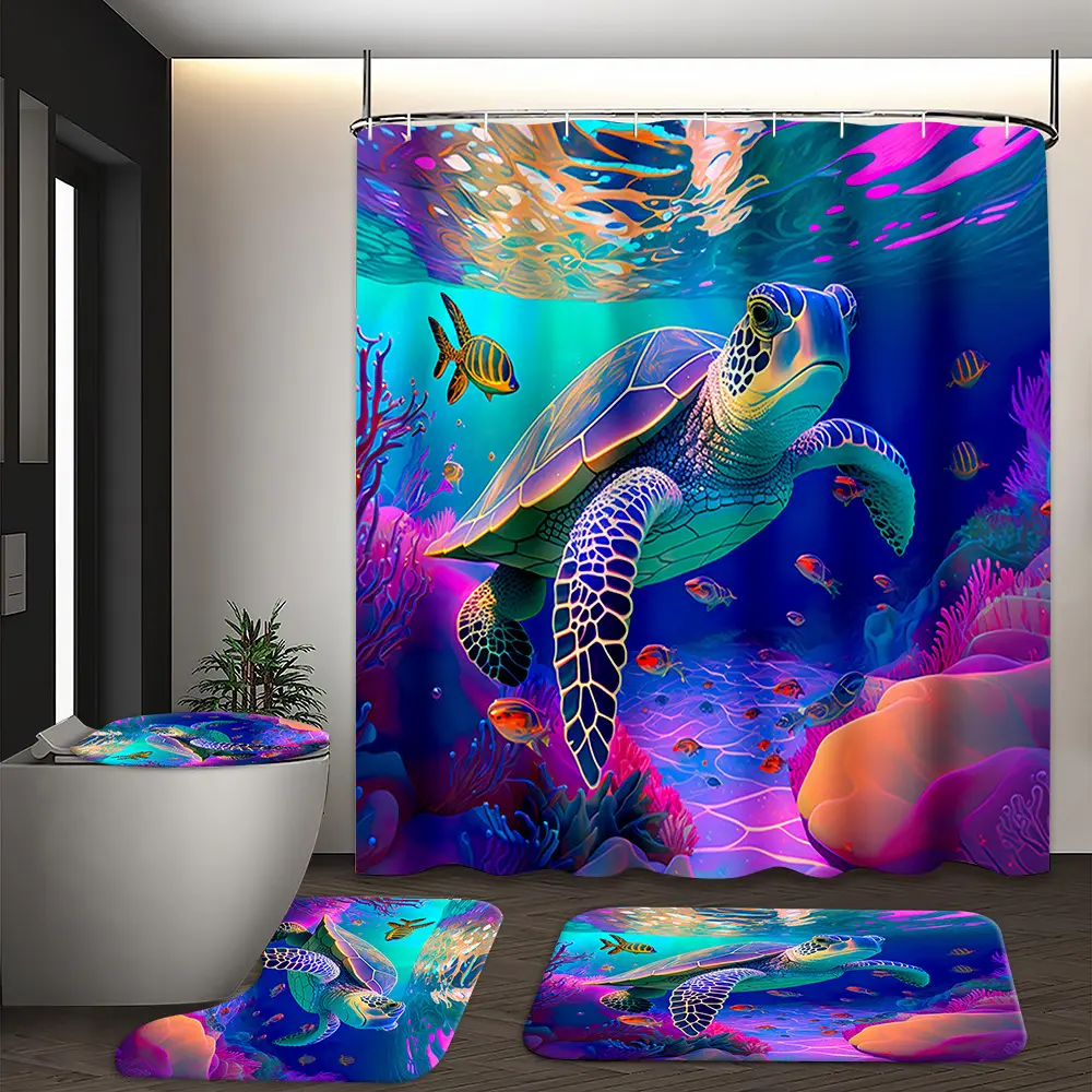 Colorful Turtle Pattern Bathroom Set, 4pcs/set Including Shower Curtain, Toilet Mat, Bathroom Mat & Toilet Lid Cover, Aesthetic Bathroom Decor, Waterproof Bathroom Decoration Accessories, Shower Curtain Set