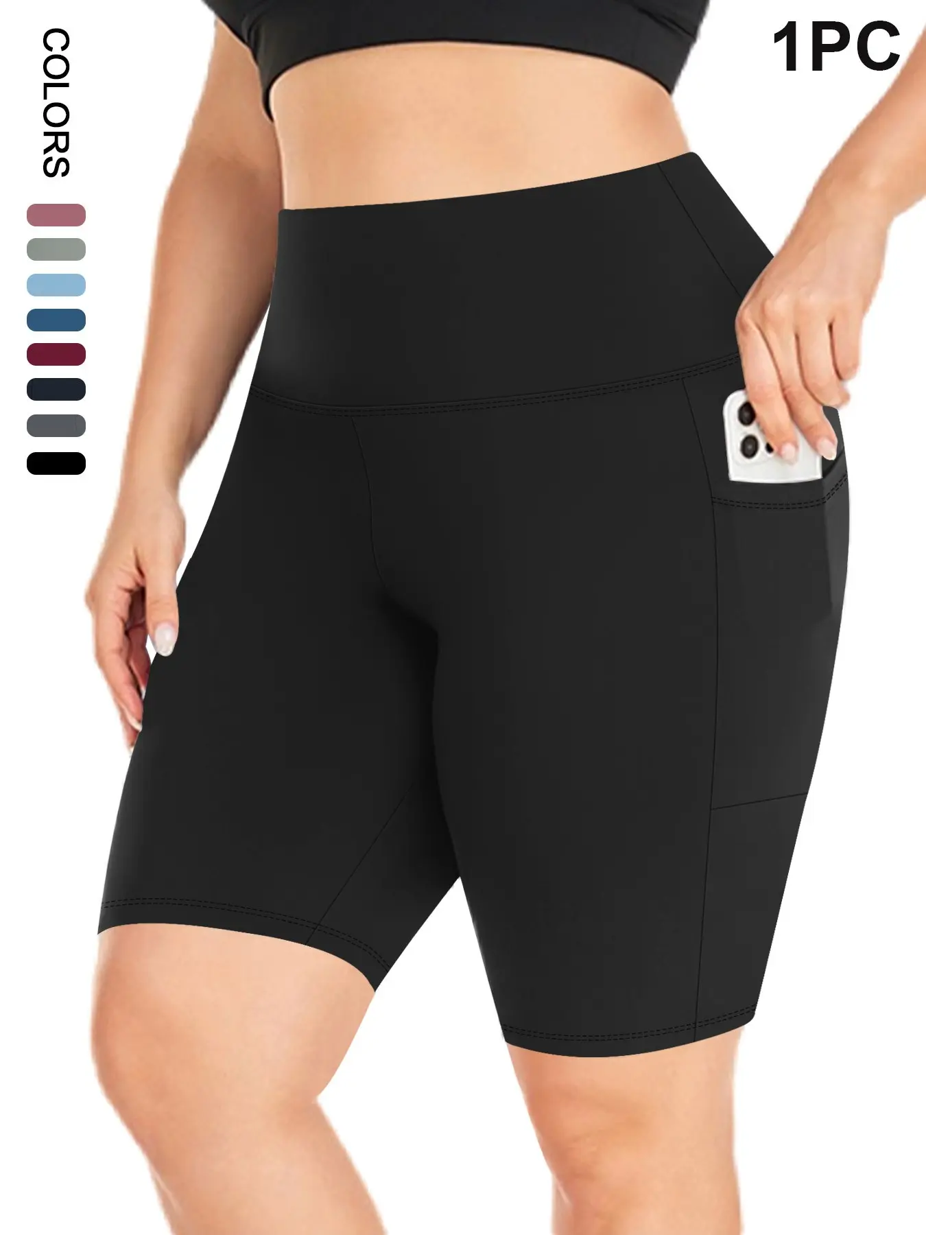 Plus Size Plain High Waist Pocket Design Skinny Shorts, Casual Fitness Shorts Comfy Breathable High Stretch Seamless Shorts for Daily Outdoor Sport, Women's Bottoms for Summer, Activewear Shorts