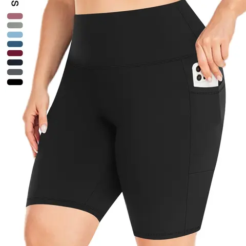 Plus Size Plain High Waist Pocket Design Skinny High Waisted Shorts, Casual Fitness Comfy Breathable High Stretch Seamless Shorts for Daily Outdoor Sport, Women's Bottoms for Summer