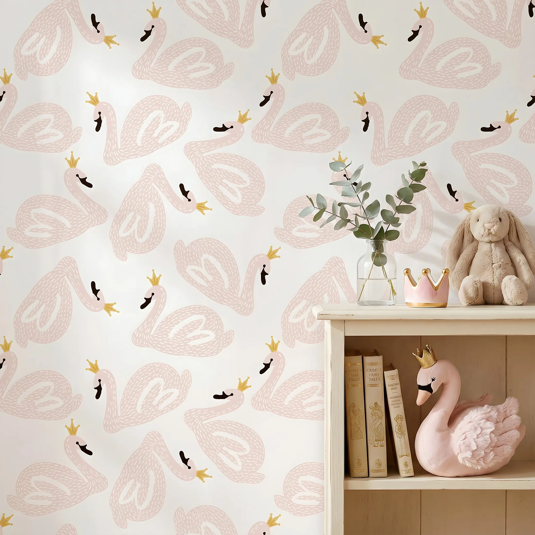 1 Roll 44.5cm/17.5in Width Blush Pink Crown Swan Wall Decal, Self Adhesive Nursery Style Wallpaper, Waterproof Removable Wall Sticker, Interior Stickers, Easy to Cut Install Cute Wall Decor for Baby Girls Bedroom Playroom Home Decor