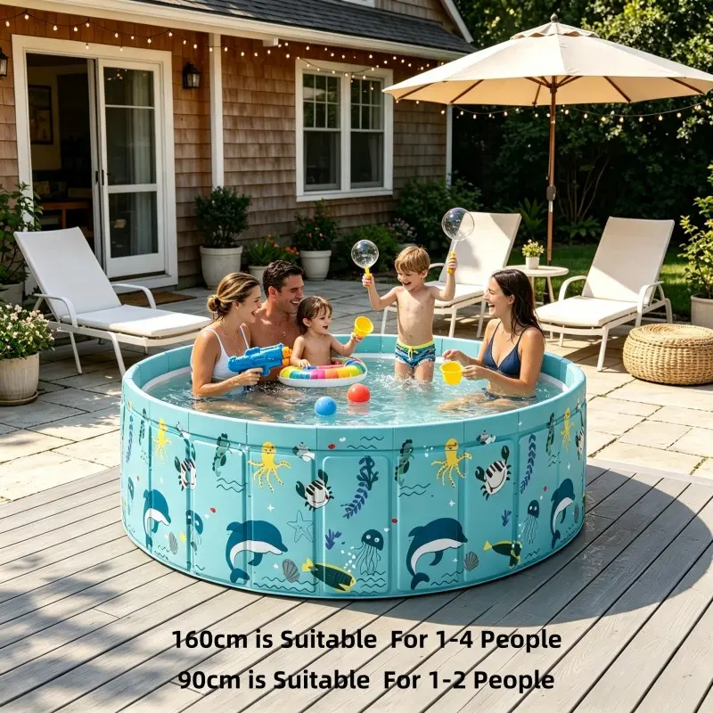 Portable Foldable Round Swimming Pool Kiddie Pool No Inflation Required, Cartoon Kids Water Play Pool, Multifunctional Sand Pit Bath Tub, Sturdy Outdoor Backyard Family Pool for Parent-Child Summer Water Fun, Quick Drain & Space-Saving Storage
