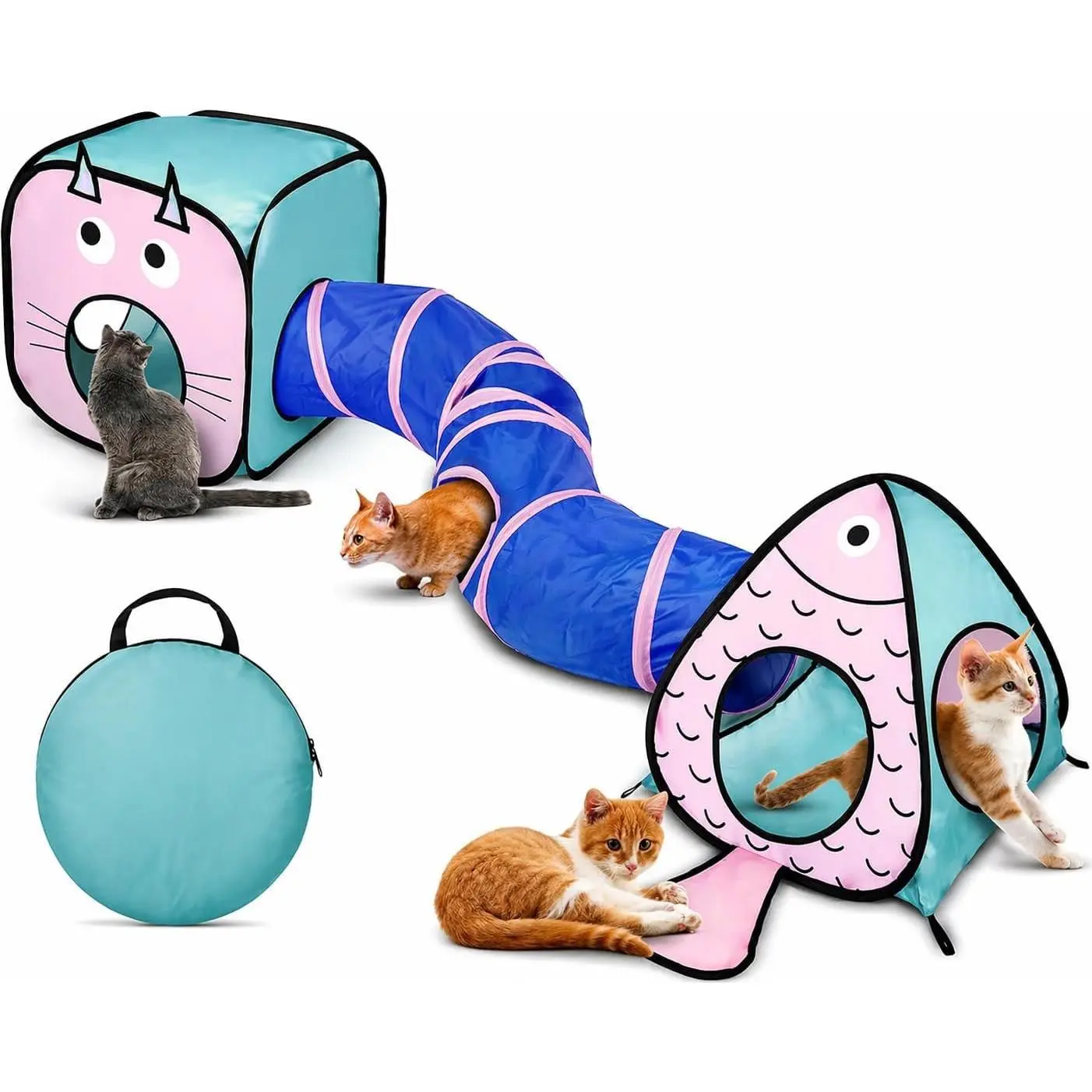 Cat Toy Tunnel and Cubes Bundle - Interactive Crinkle Collapsible Cat Tube and Foldable Cubes Playground for Kitty, Rabbit, Puppy, Ferret Hiding Hunting and Resting