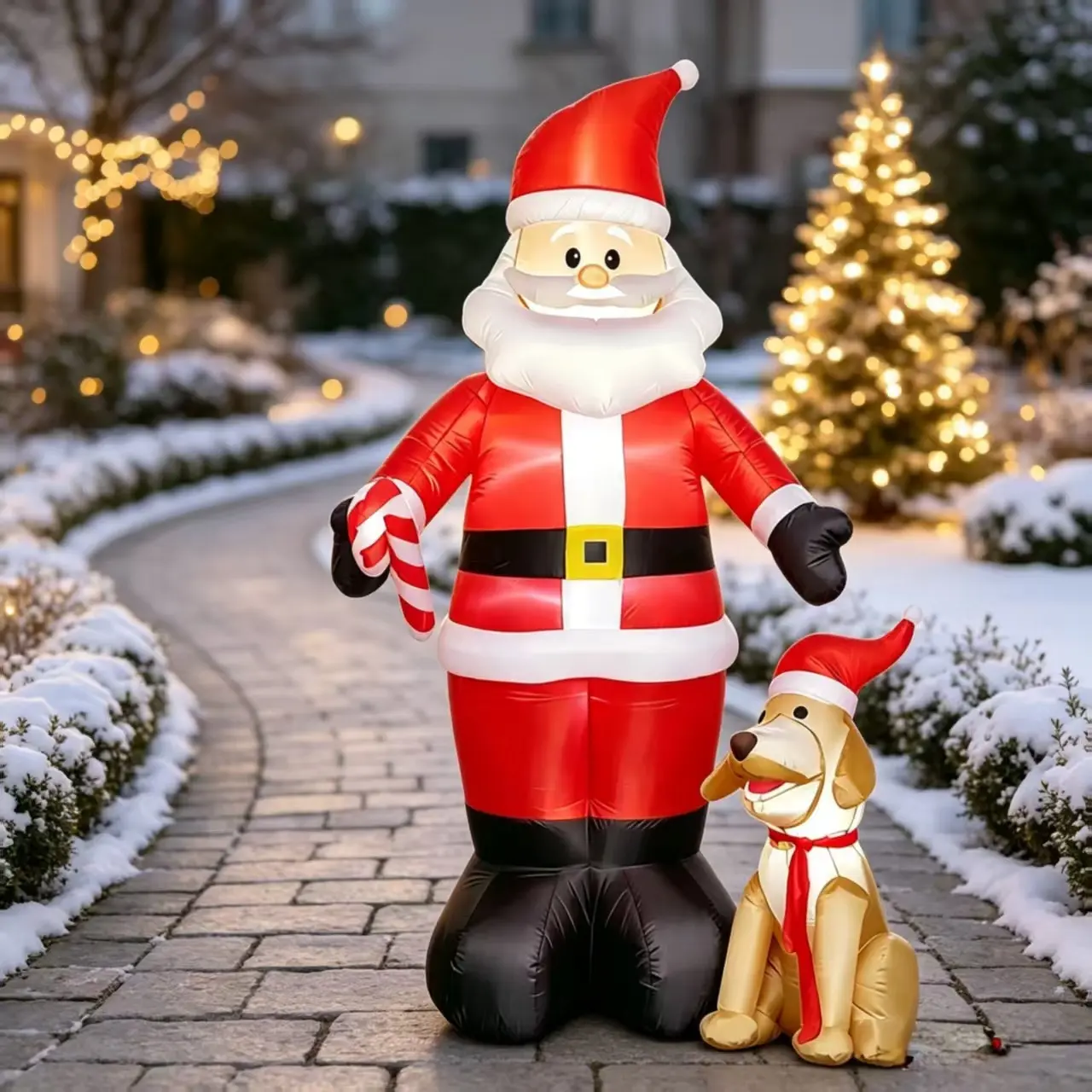 2.4m Christmas Santa Dog LED Inflatable Yard Decoration, Outdoor Holiday Ornament, Glow-In-The-Dark Santa Dog Balloon, Festive Garden Decor