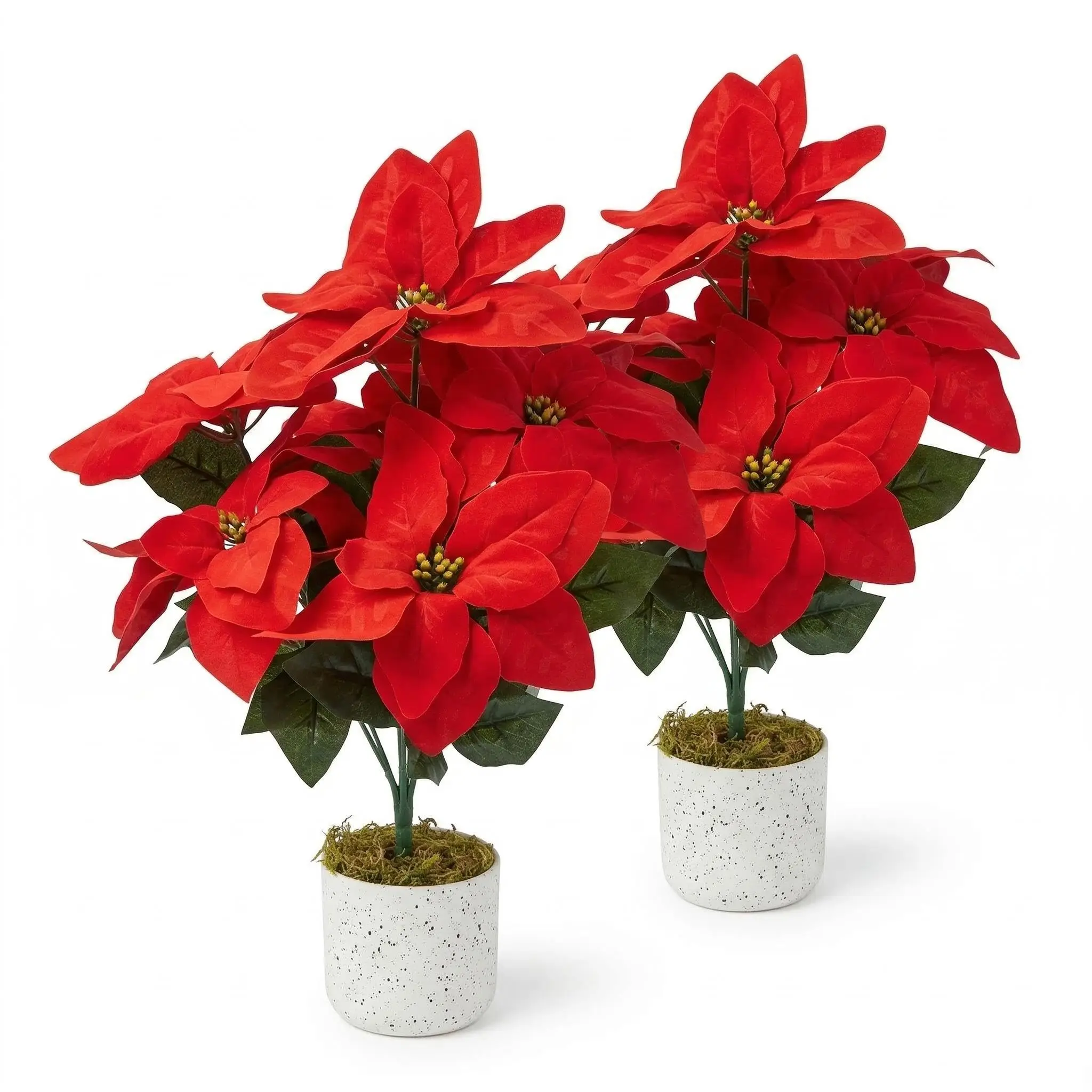 2-Pack Red Christmas Poinsettia Decorative Floral Plastic Potted Plants, 18.9" Artificial Plants with Realistic Layered Petals, Green Leaves & Moss Base for Holiday Home Decor