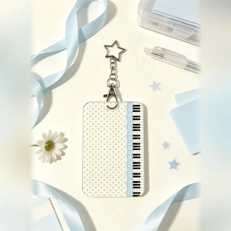 Base Light Blue Lace Piano Polka Dot Card Sleeve, Star Charm Student Campus Card Case, Id Card Holder, Practical Gift for Graduation and Employment